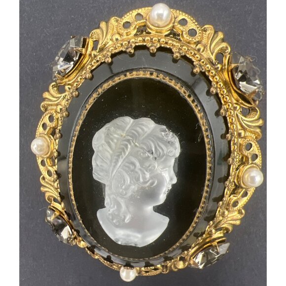 Vintage W Germany Cameo Brooch White on Black Art Glass Seed Pearls Rhinestones - Picture 2 of 11